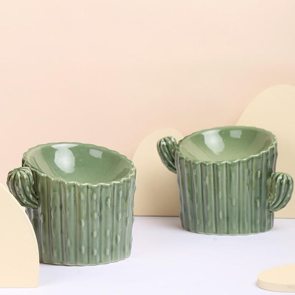 Cactus Shaped Elevated Ceramic Cat Bowl