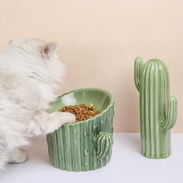 Cactus Shaped Elevated Ceramic Cat Bowl