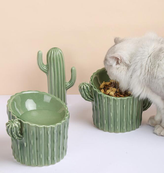 Cactus Shaped Elevated Ceramic Cat Bowl