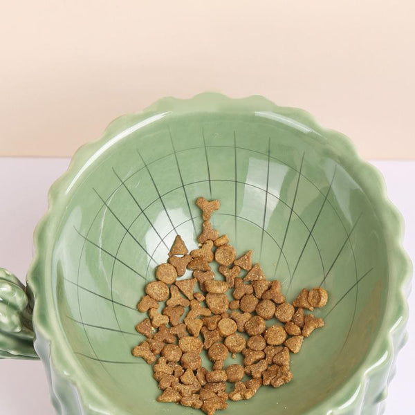 Cactus Shaped Elevated Ceramic Cat Bowl