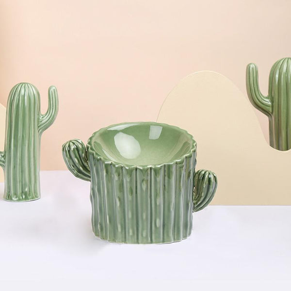 Cactus Shaped Elevated Ceramic Cat Bowl